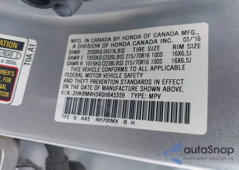2016 Honda Cr-V Lx from USA, damaged, VIN 2HKRM4H34GH645359